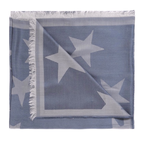 STELLA MCCARTNEY Blue Silk Scarf, Star ⭐️ Motif with Fringe Ends - Picture 3 of 14